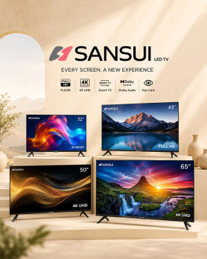 Sansui LED TV models in various sizes displayed on a minimalist beige background