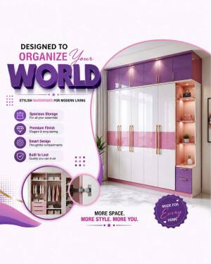 A modern purple and white wardrobe design advertisement with organized storage solutions