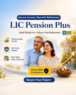 A smiling couple posing for an advertisement for the LIC Pension Plus retirement plan.