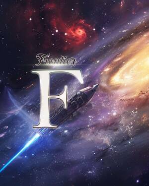 A futuristic spaceship flying through a colorful nebula with the letter 'F' prominently displayed.