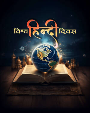 Image depicting Hindi Diwas with a globe, open book, and Taj Mahal in the background.