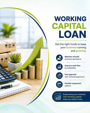 Business desk with coins and upward arrow representing working capital loan growth