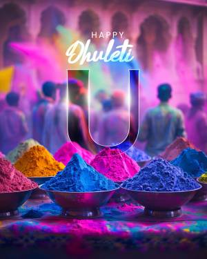 Colorful powder piles and a large letter 'U' with people celebrating Dhulleti in the background.