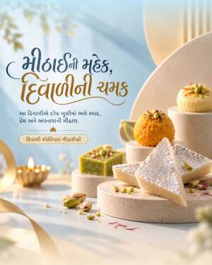 An assortment of traditional Indian Diwali sweets like Kaju Katli and Laddu on a festive display