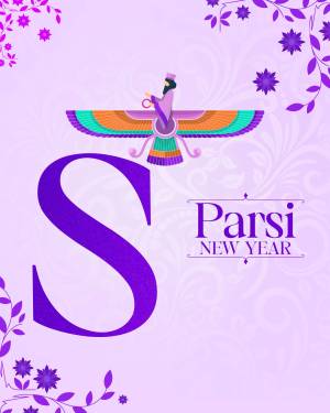 Illustration of a Faravahar symbol with the letter 'S' and 'Parsi New Year' text.