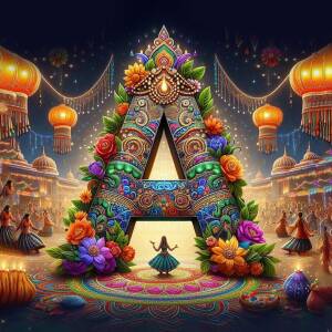 Letter A decorated with Indian festival elements and a dancer in the foreground