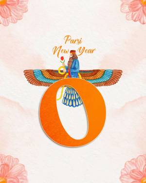 Illustration of a Parsi New Year greeting with a figure holding a flower and a large '0' symbol.