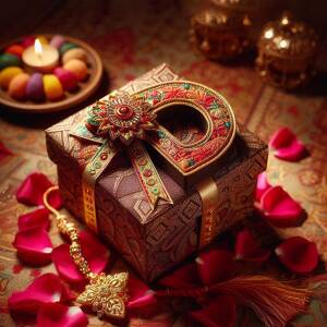 A beautifully decorated gift box for Diwali, surrounded by candles and rose petals.