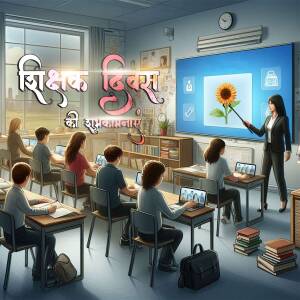 A classroom scene with a teacher giving a lesson on a smartboard, students using laptops, and a 'Shikshak Divas' banner.