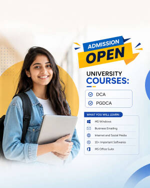 A young female student smiling and holding a laptop, promoting university admission for DCA and PGDCA courses.