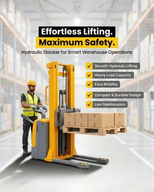 A warehouse worker operating a yellow hydraulic stacker carrying wooden pallets with boxes in a warehouse.