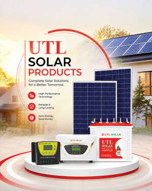 UTL solar panels, inverter, and battery displayed on a pedestal
