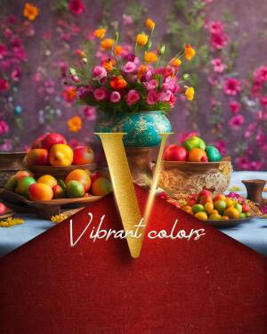 Still life of fruits and flowers with a golden 'V' and 'Vibrant Colors' text.