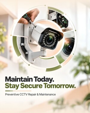 A technician repairing a CCTV security camera with a screwdriver, illustrating preventive maintenance services.