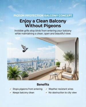A modern balcony with invisible wire grills to prevent pigeons, showcasing a clear city view and outdoor seating.