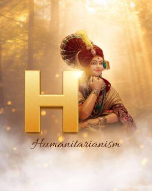 Image of Swaminarayan with a golden letter 'H' and the word 'Humanitarianism'