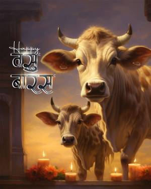 Image of a cow and calf with 'Happy Basant Panchami' text and lit candles.