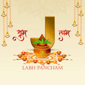 Labh Pancham festive greeting with golden decorations and traditional symbols.