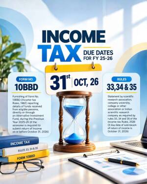 An infographic detailing Income Tax due dates for FY 25-26 including Form 10BBD and relevant rules.