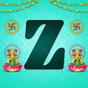 Letter Z with Diwali themed decorations including Lakshmi idols and Swastika symbols.