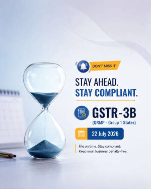 An hourglass on a desk with a reminder for GSTR-3B filing due on 22 July 2026.