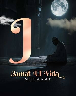 A man praying in front of a mosque under a full moon with a large letter 'J' in the foreground.