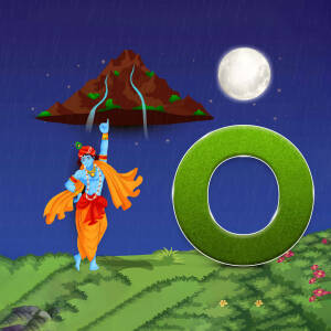 Illustration of Lord Krishna lifting Govardhan Hill to protect villagers from Indra's wrath.