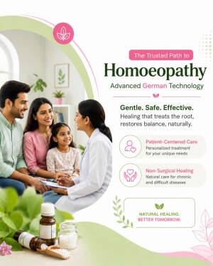 A doctor consulting a happy family about natural homeopathic treatment