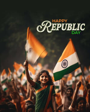 A young girl waving the Indian flag with a crowd celebrating Republic Day