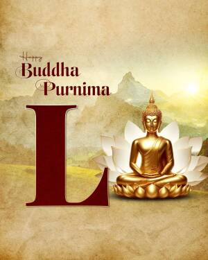 Golden Buddha statue on a lotus flower with a mountain backdrop and the letter 'L'