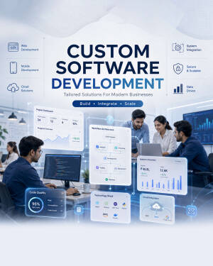 A professional team working on custom software development projects with digital dashboards
