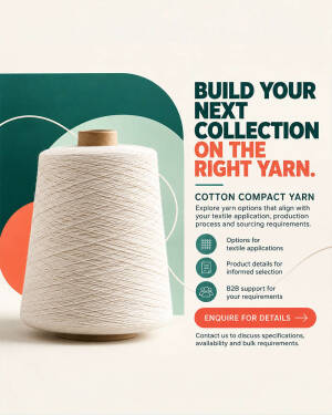 A cone of white cotton compact yarn on a cream background with marketing text for textile sourcing.