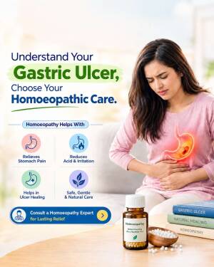 Woman holding her stomach in pain next to a bottle of homoeopathic medicine for gastric ulcer treatment