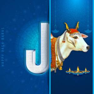 Image depicting a cow head with a large letter 'J' and traditional oil lamps, celebrating Vagh Baras.