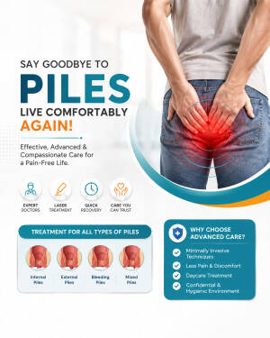 A medical infographic explaining piles symptoms and advanced laser treatment options