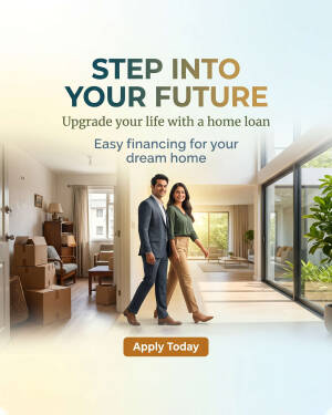 A smiling couple walking from a room with moving boxes into a bright, modern living space, promoting home loan services.
