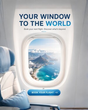 View from an airplane window looking out over a coastal mountain landscape, promoting flight bookings.