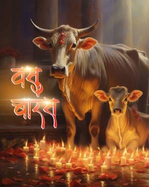 A painting of a cow and calf surrounded by lit candles and flowers, with Diwali greetings in Devanagari script.