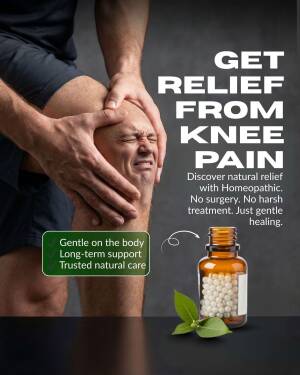 A person holding their painful knee with homeopathic medicine in the foreground