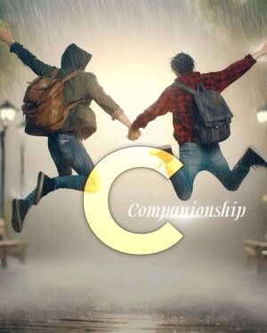 Two friends jumping in the rain with a large letter 'C' in the foreground.
