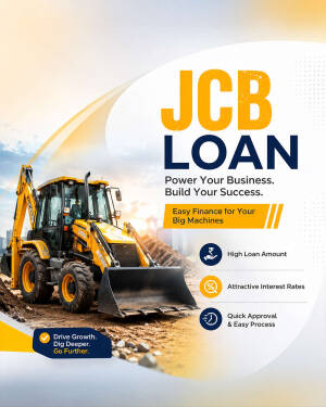 A promotional advertisement for JCB construction equipment loans, featuring a yellow backhoe loader on a construction site.