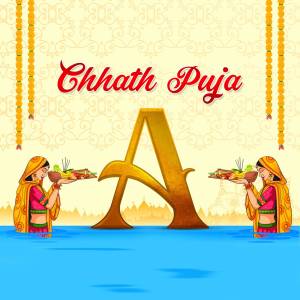 Chhath Puja illustration with the letter A and devotees offering prayers