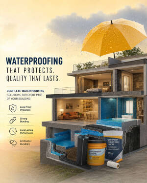 A cross-section illustration of a modern building under a yellow umbrella, showcasing professional waterproofing products and protective features.