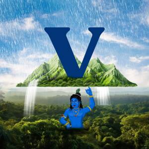 Image of Lord Krishna with a large letter V in front of a mountainous landscape with waterfalls.