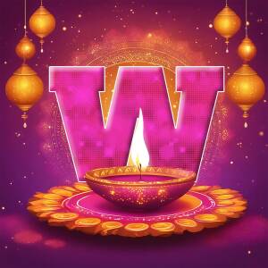 Letter W decorated with Diwali lights and a traditional oil lamp