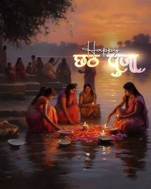 Women performing Chhath Puja rituals at a riverbank