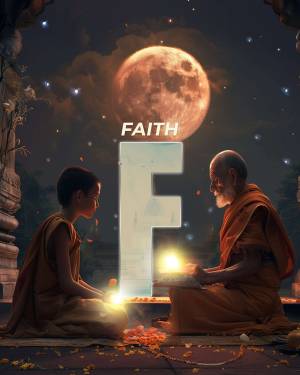 Buddhist monk and young novice with a large letter 'F' and a full moon