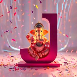 3D render of Lord Ganesha sitting on a large pink letter J, surrounded by confetti.