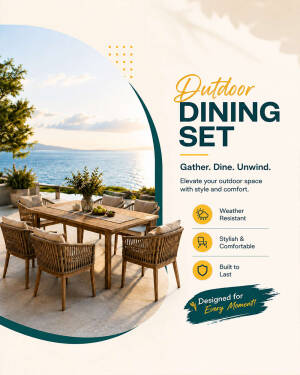 Luxury wooden outdoor dining set with woven chairs on a balcony overlooking the ocean at sunset