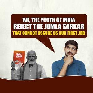 Image depicting a young man looking skeptical at a political figure with a speech bubble rejecting 'Jumla Sarkar'.